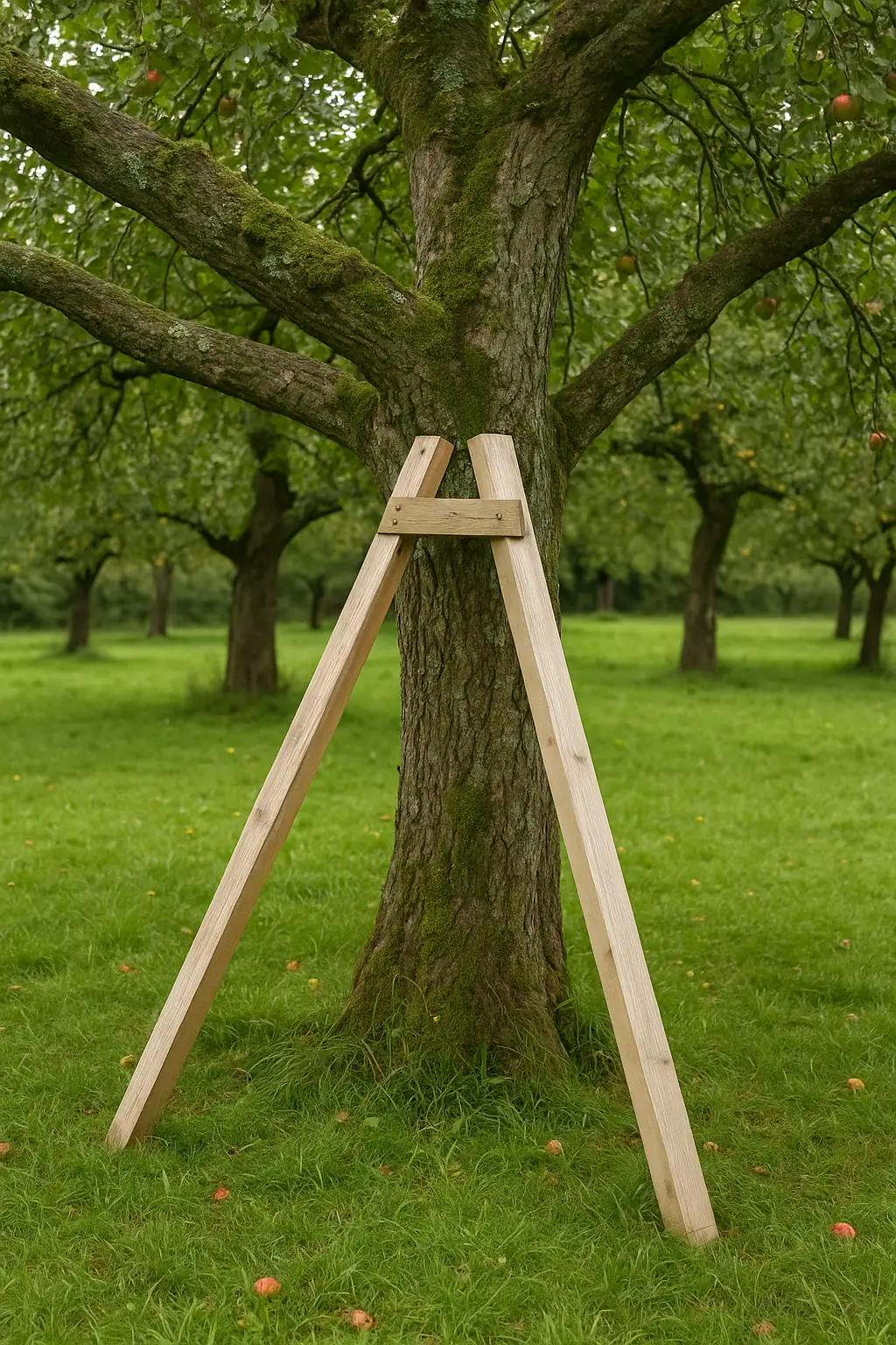 Stabiles Dreibock-Gerüst aus Holz, das einen schweren Ast eines alten Obstbaumes stützt.