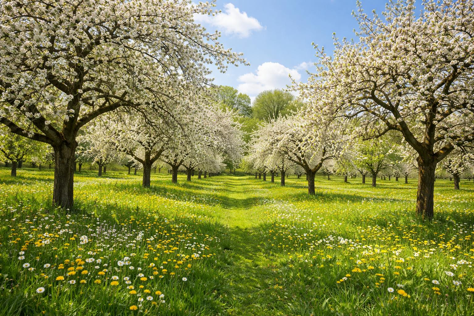 Blühende Streuobstwiese mit Hochstamm Obstbäumen
