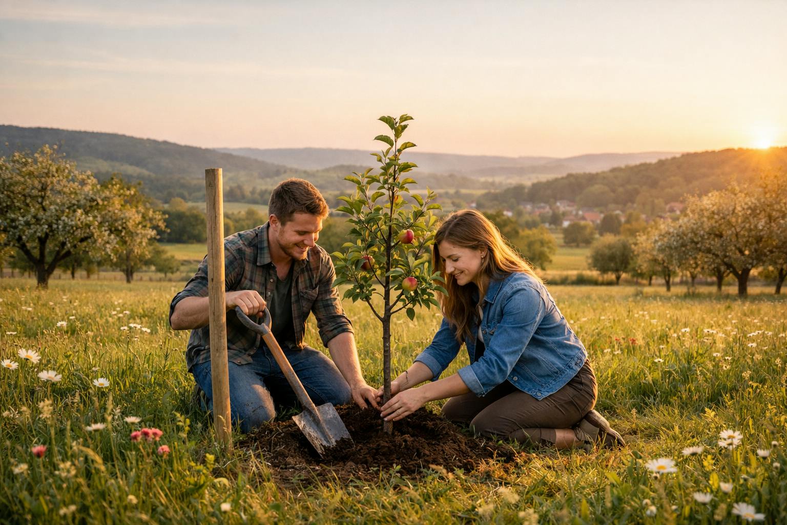Paar pflanzt Obstbaum auf Streuobstwiese – Baum pflanzen als Hochzeitsgeschenk