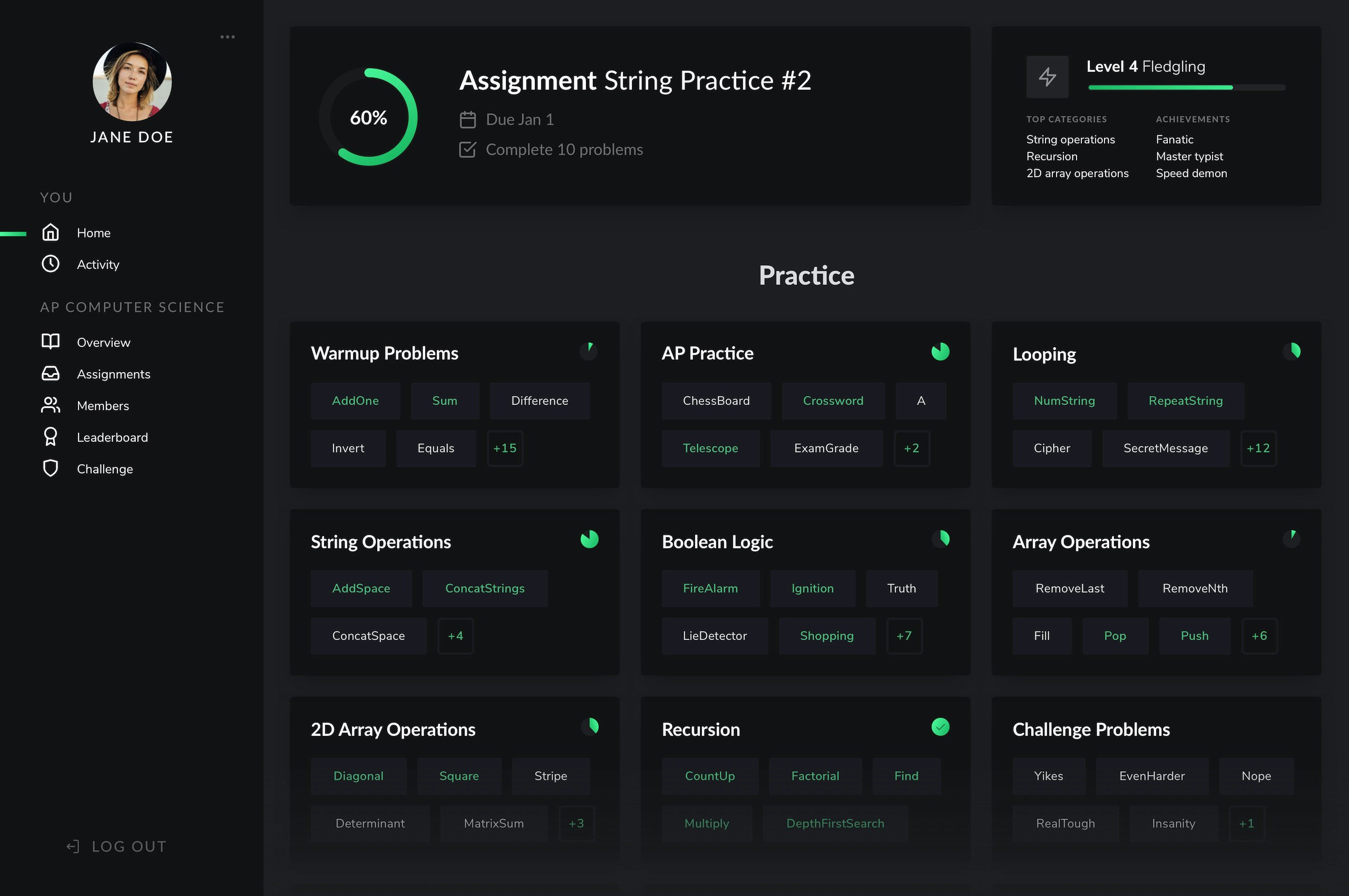Main student dashboard page of Codus