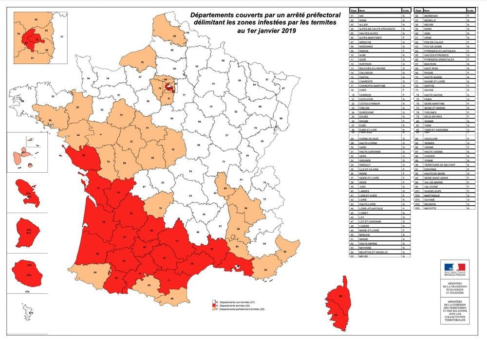 Carte des départements couverts par un arrêté préfectoral concernant les invasions de termites.