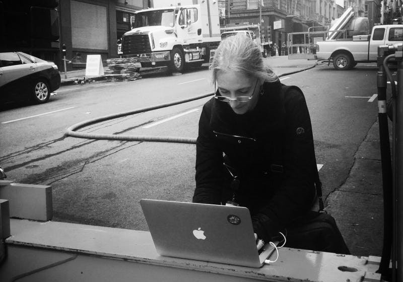 Yep - popping an email off while leaning on one of the lighting crane legs in the middle of the Tenderloin in San Francisco on 'Ant-Man'.