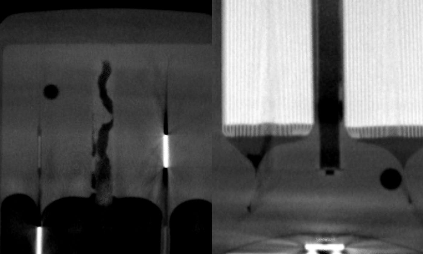 Lumafield industrial CT scan radiograph of potting defects in SRAM electric bike shifter battery
