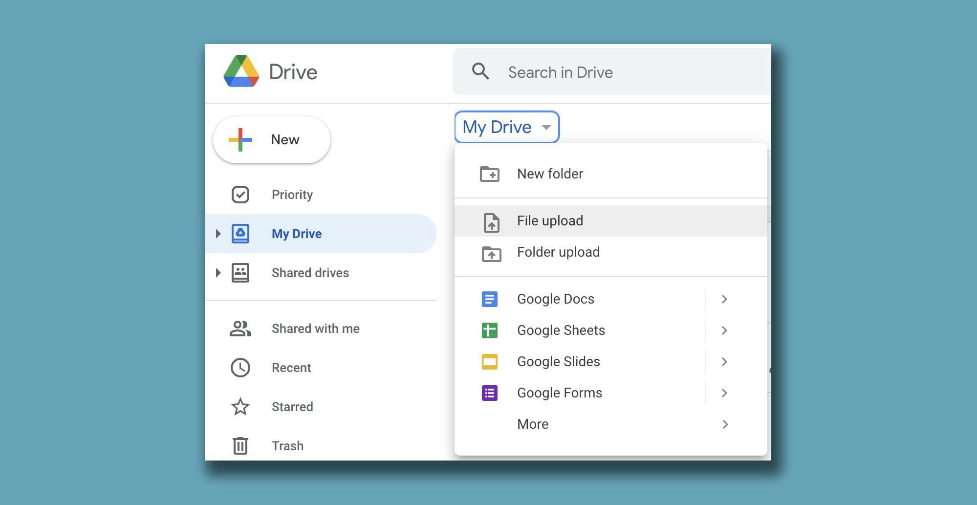 A screenshot of the Google Drive 'My Drive' page. Under the 'My Drive' drop-down list, 'File upload' is highlighted.