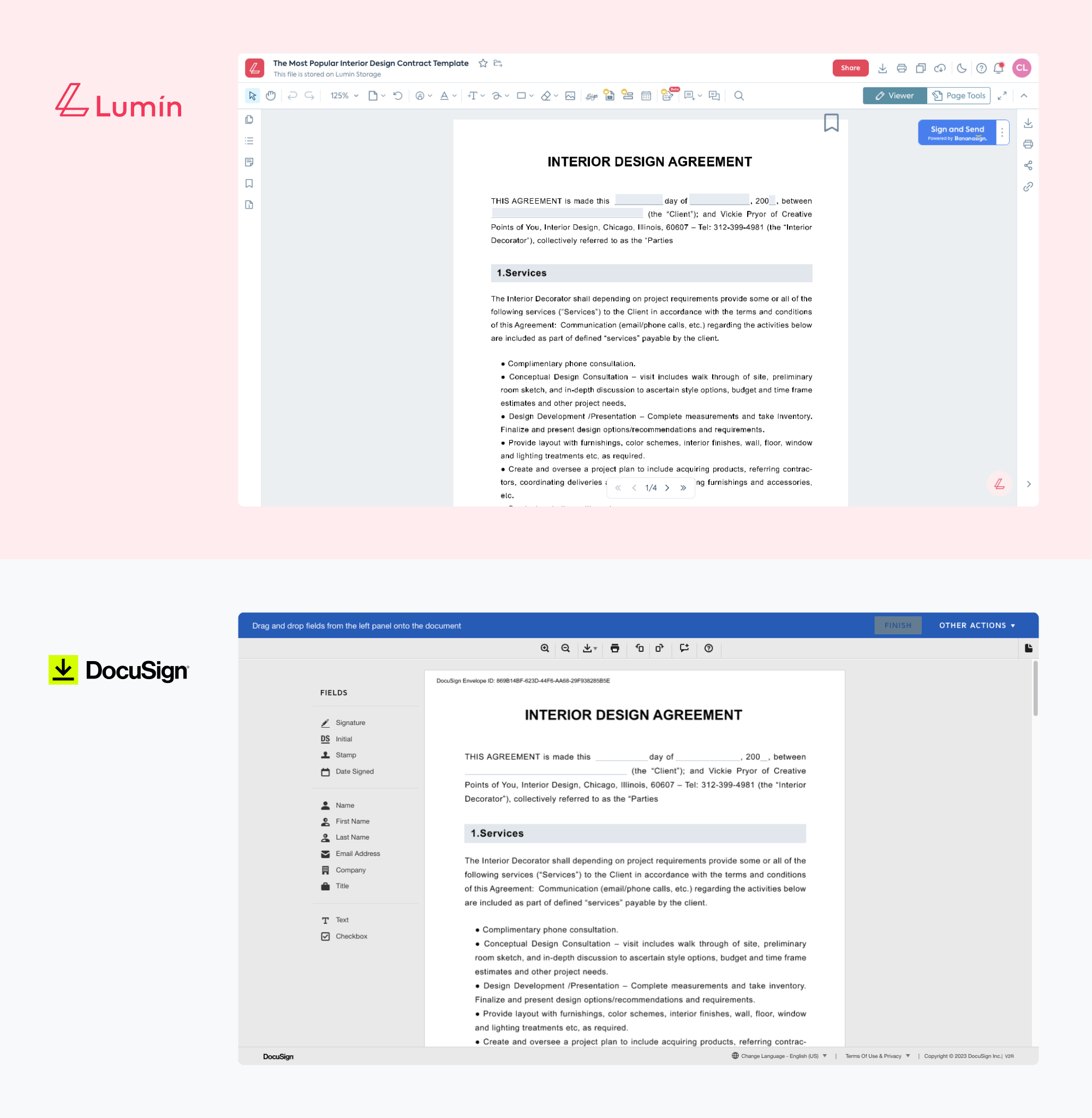 On top is an image of a document in the Lumin editor, and on the bottom is the same document in the DocuSign editor. Both editors have grey backgrounds. In DocuSign tool buttons are on the side, whereas in Lumin they are on the top.