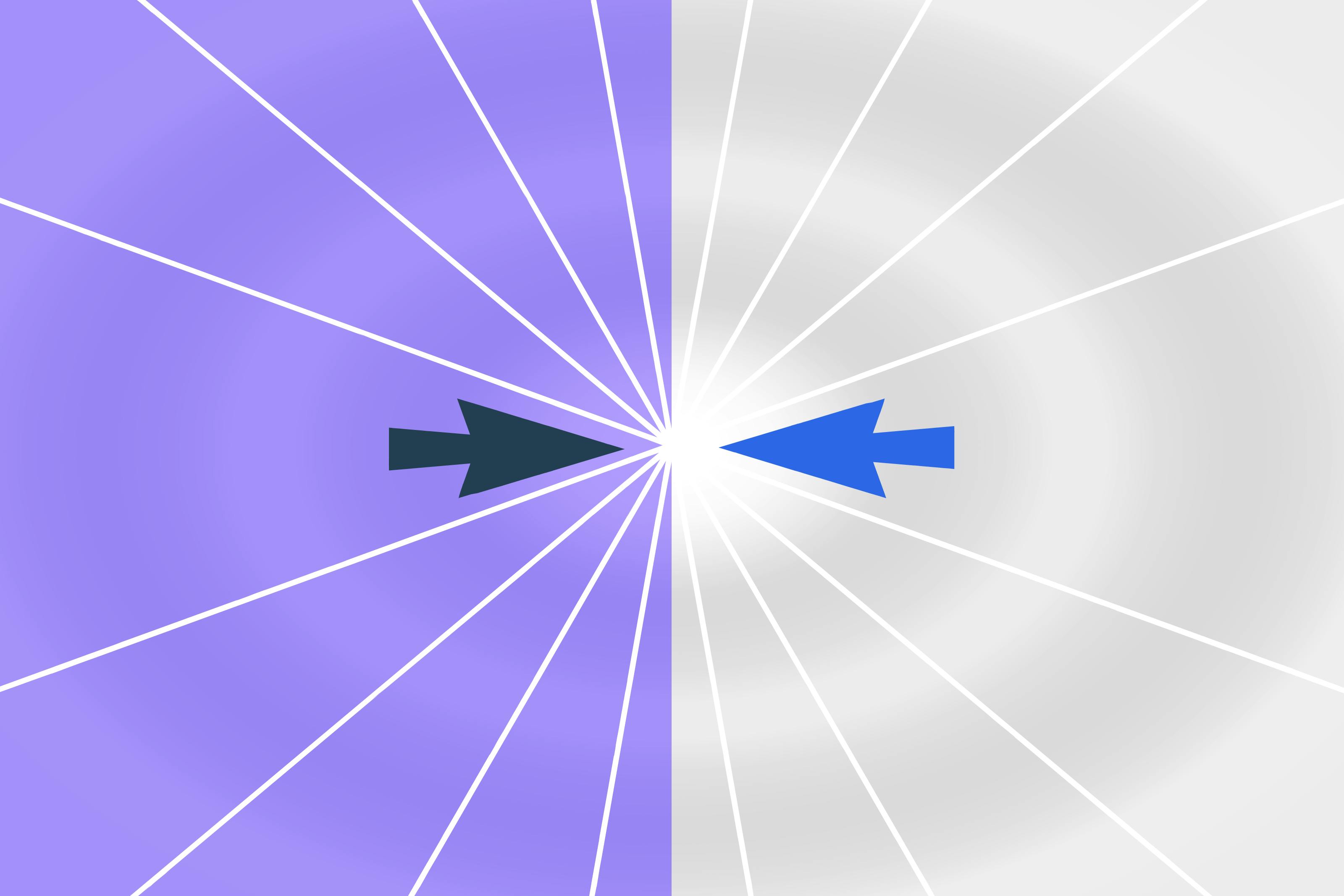 a rectangle is split vertically down the middle into a purple half (left) and a white half (right). there is a spot of light radiating out of the centre of the image, on the centre line. to the right of the light is a blue arrow, to the left of the light is a black arrow. they both face inwards toward the light (and each other)