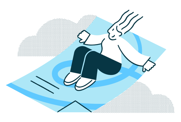 dessin au trait d'une femme chevauchant un document bleu comme un tapis volant. Elle sourit et ses cheveux flottent au vent