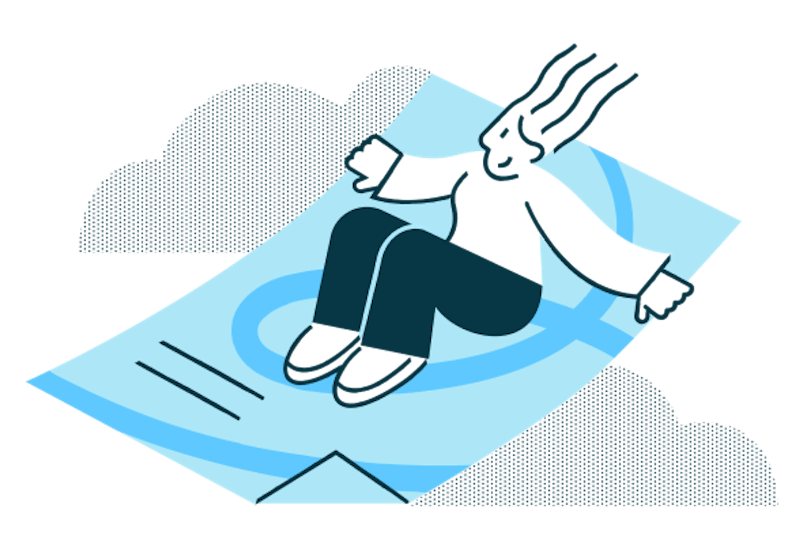 line drawing of a woman riding a blue document like a magic carpet. she is smiling and her hair is blowing in the wind