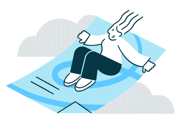 line drawing of a woman riding a blue document like a magic carpet. she is smiling and her hair is blowing in the wind