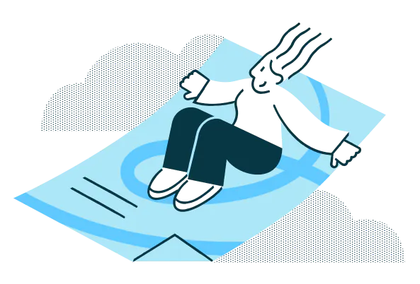 line drawing of a woman riding a blue document like a magic carpet. she is smiling and her hair is blowing in the wind