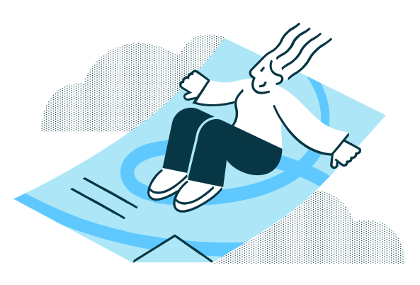 line drawing of a woman riding a blue document like a magic carpet. she is smiling and her hair is blowing in the wind