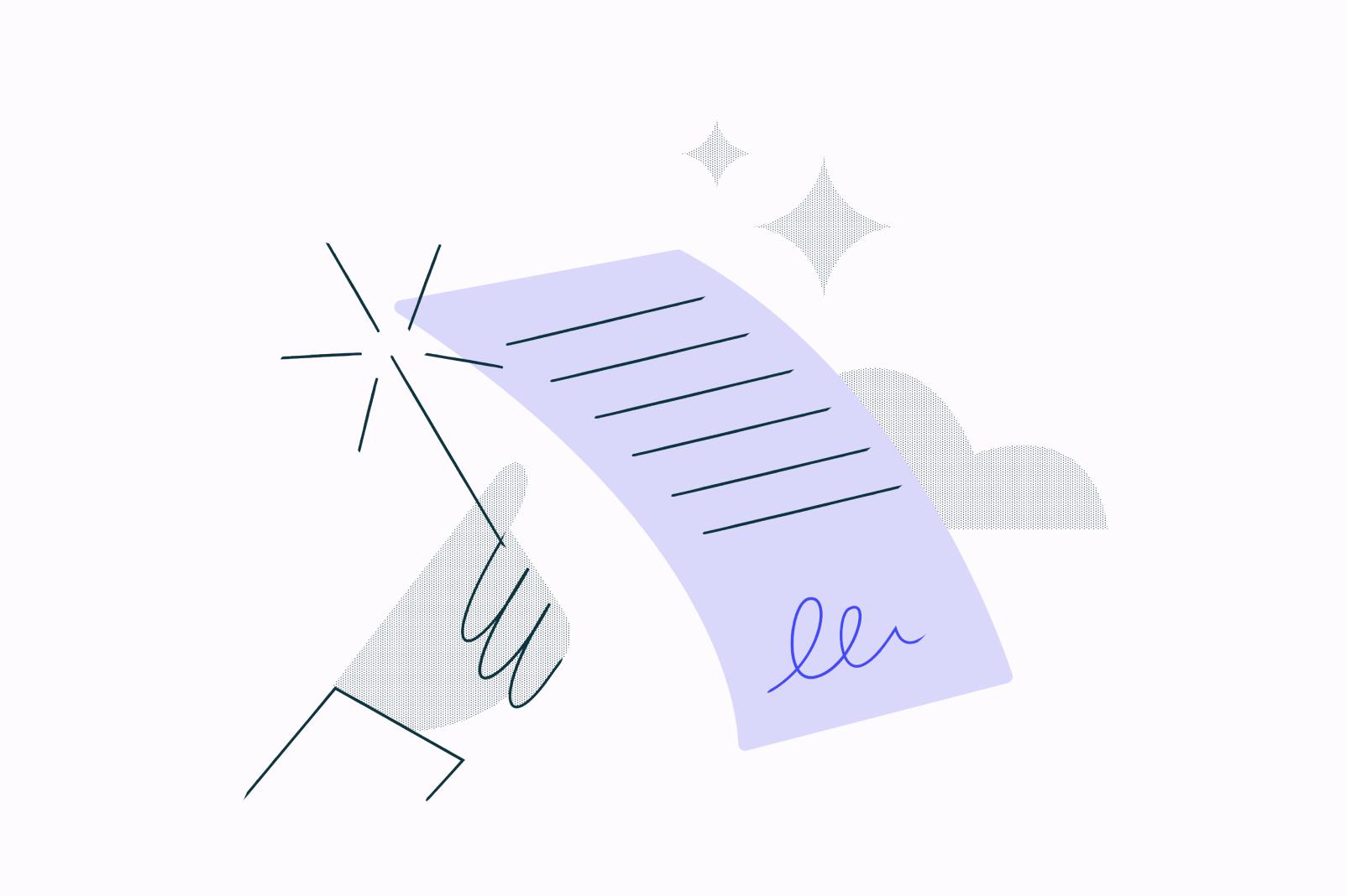 a hand holding a magic wand waves the wand over a piece of purple paper, with lines on it indicating it has been written on.