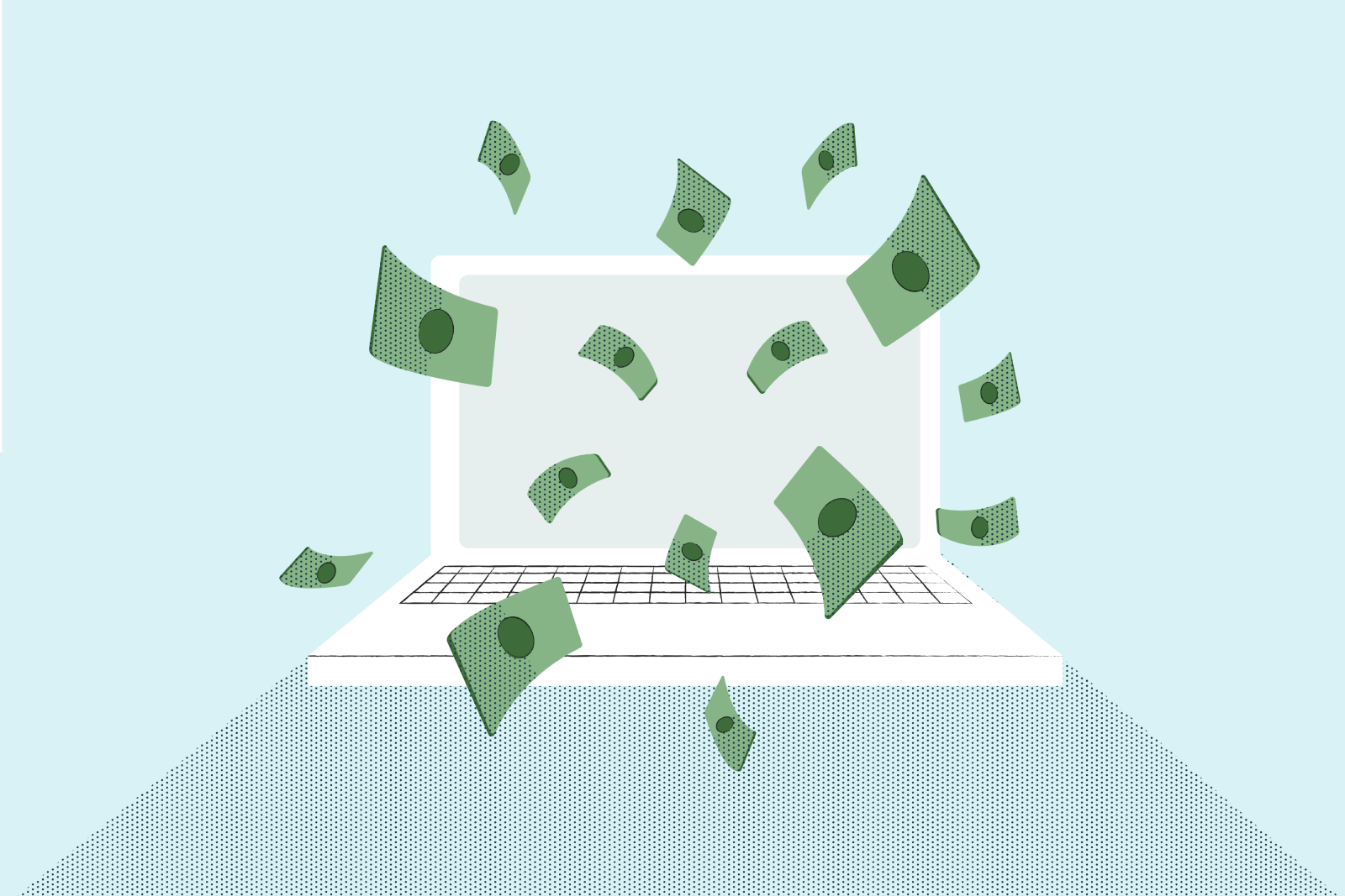an illustration of dollar bills pouring out of a laptop screen toward the viewer. the computer is white against a light blue background.