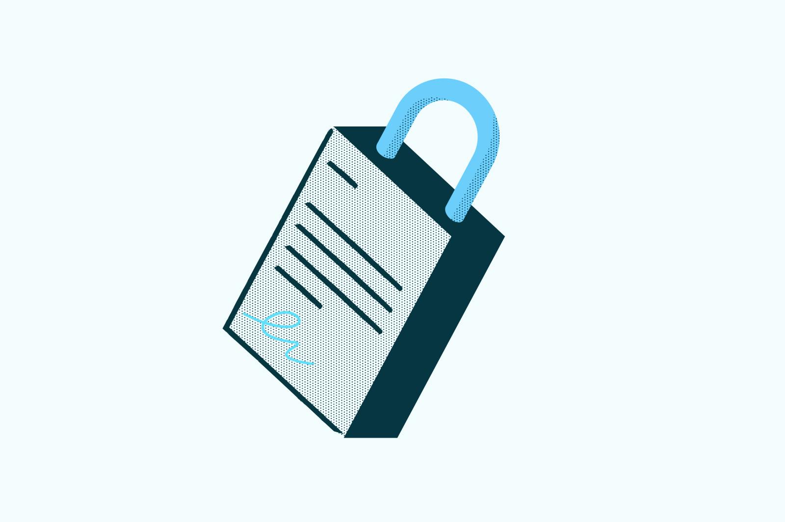 blue and black line illustration of a padlock against a light blue background
