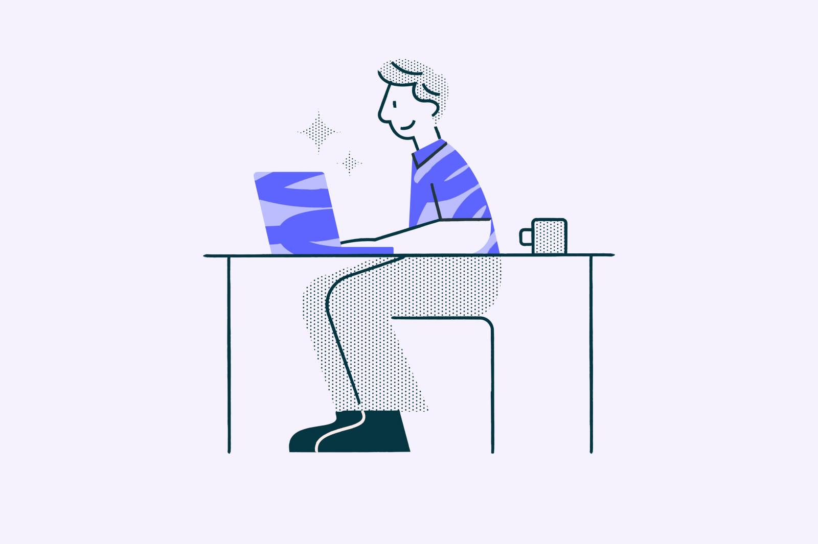 simple illustration of a happy young man sitting at his desk staring at his laptop. It is purpose and two sparkles are coming out of it.