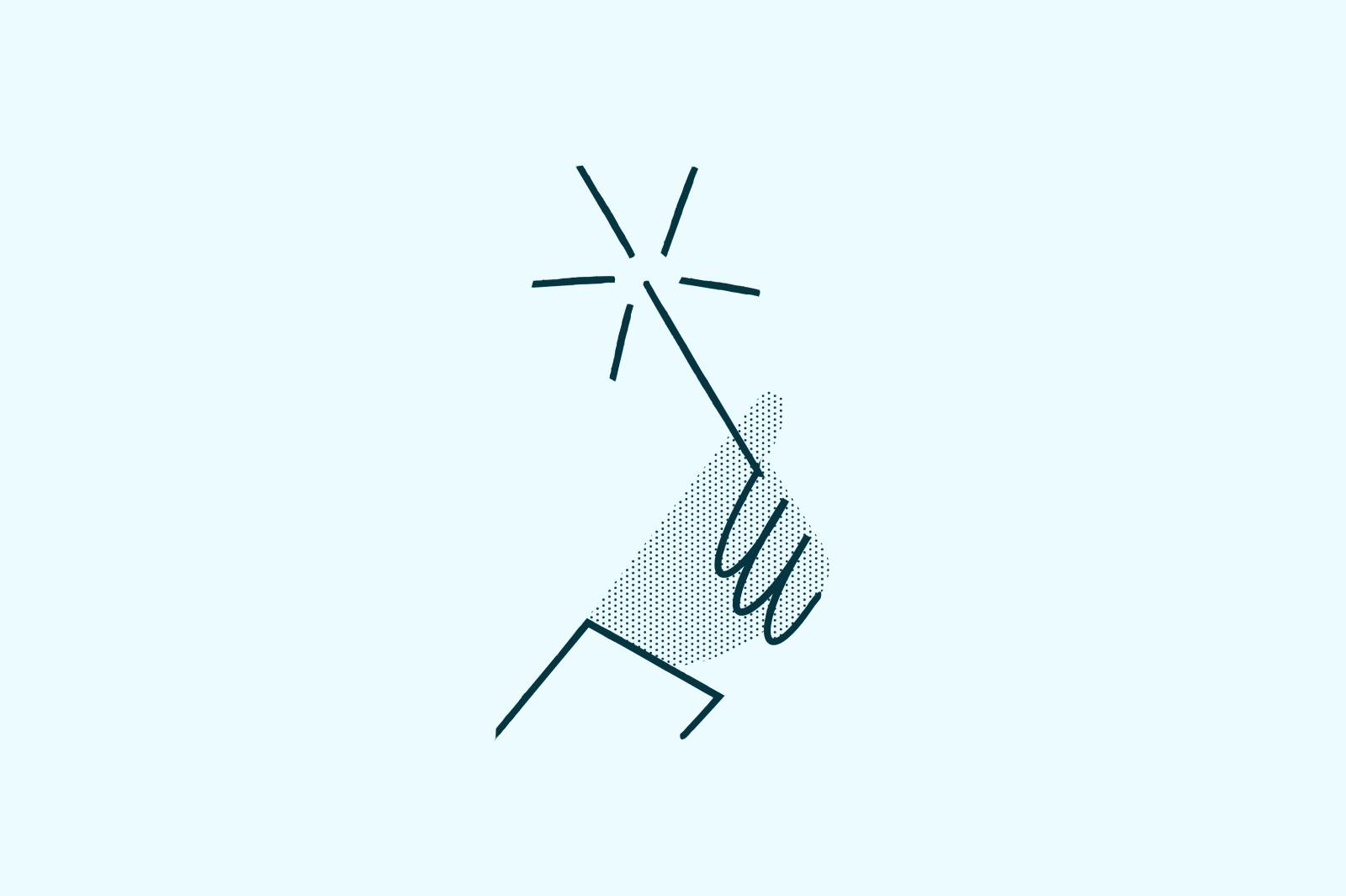 light blue background. a black line drawing of a hand holding a magic wand is in the center of the image