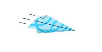 illustration of a blue document folded up into a paper plane, flying through the clouds
