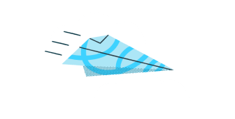 illustration of a blue document folded up into a paper plane, flying through the clouds