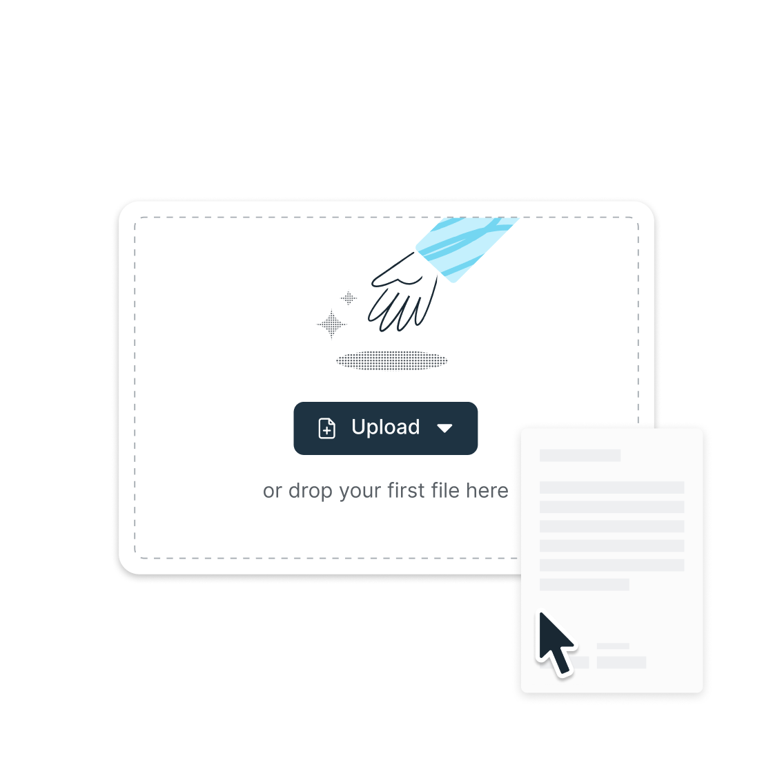 a line drawing of a hand in a blue sleeve reaches toward a hole giving off sparkles. below this image is a button saying "Upload your PDF"