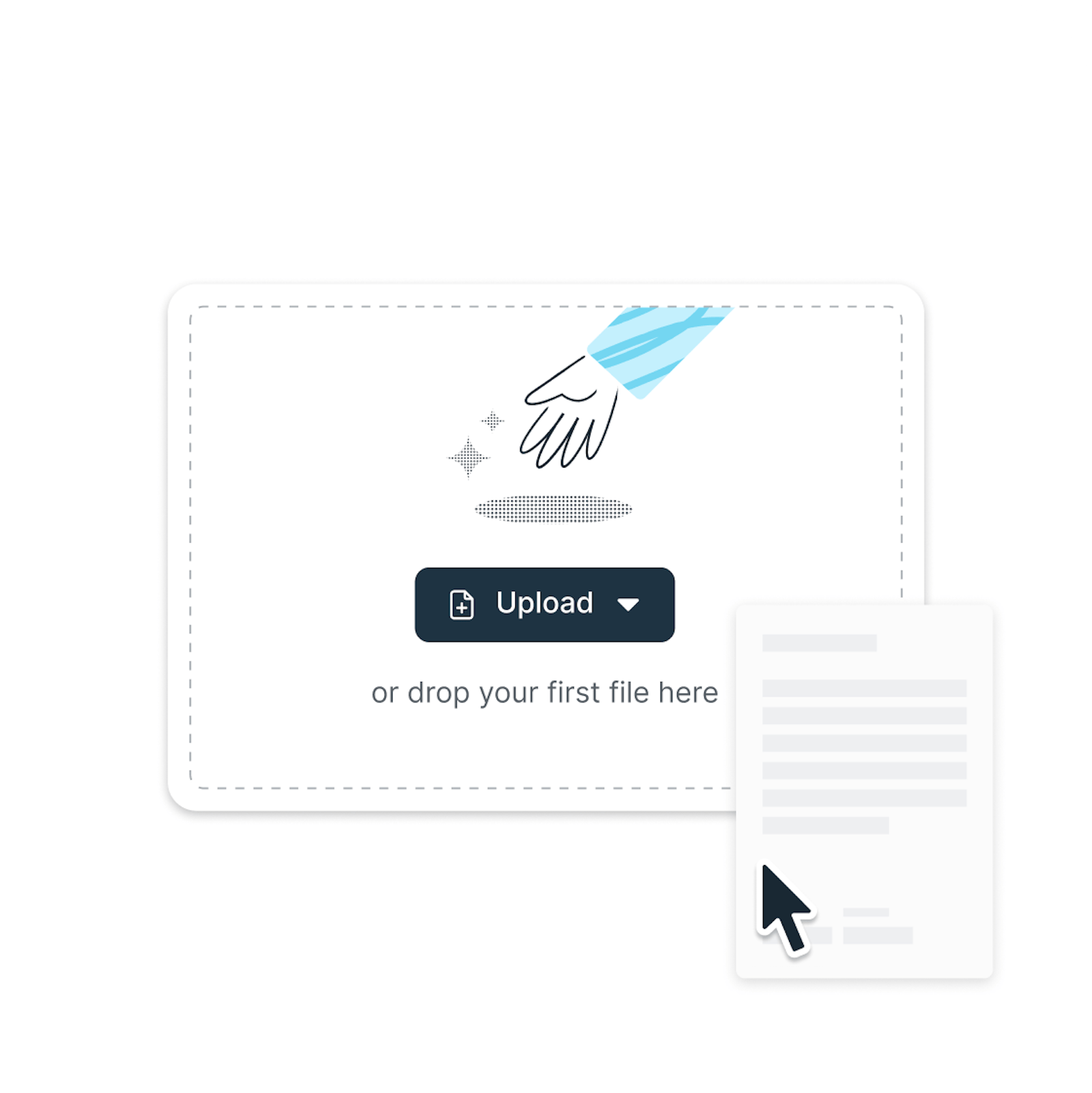 a line drawing of a hand in a blue sleeve reaches toward a hole giving off sparkles. below this image is a button saying "Upload your PDF"