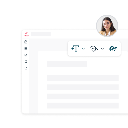 a stylised, blanked-out document is shown in a pared-back lumin editor. a user profile pic (a young woman with brown hair) floats above a small tool bar showing the text tool, draw tool and eSign tool.