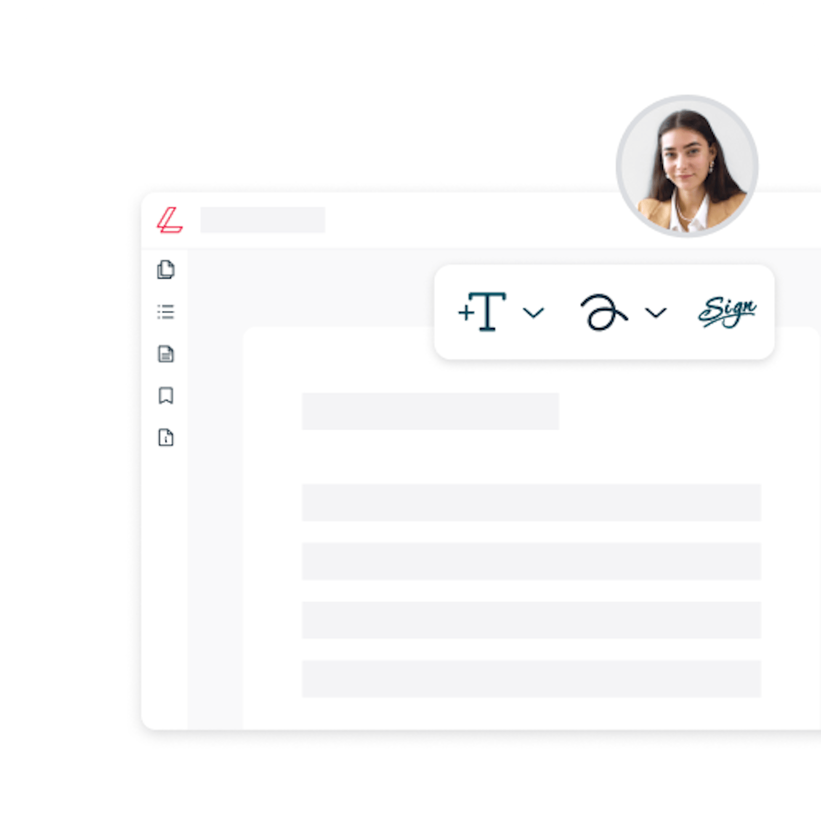a stylised, blanked-out document is shown in a pared-back lumin editor. a user profile pic (a young woman with brown hair) floats above a small tool bar showing the text tool, draw tool and eSign tool.