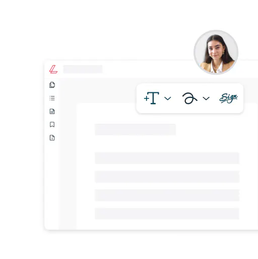 a stylised, blanked-out document is shown in a pared-back lumin editor. a user profile pic (a young woman with brown hair) floats above a small tool bar showing the text tool, draw tool and eSign tool.