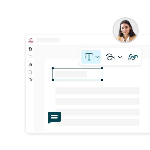 a stylised, blanked-out document is shown in a pared-back lumin editor. a user profile pic (a young woman with brown hair) floats above a small tool bar showing the text tool, draw tool and eSign tool.