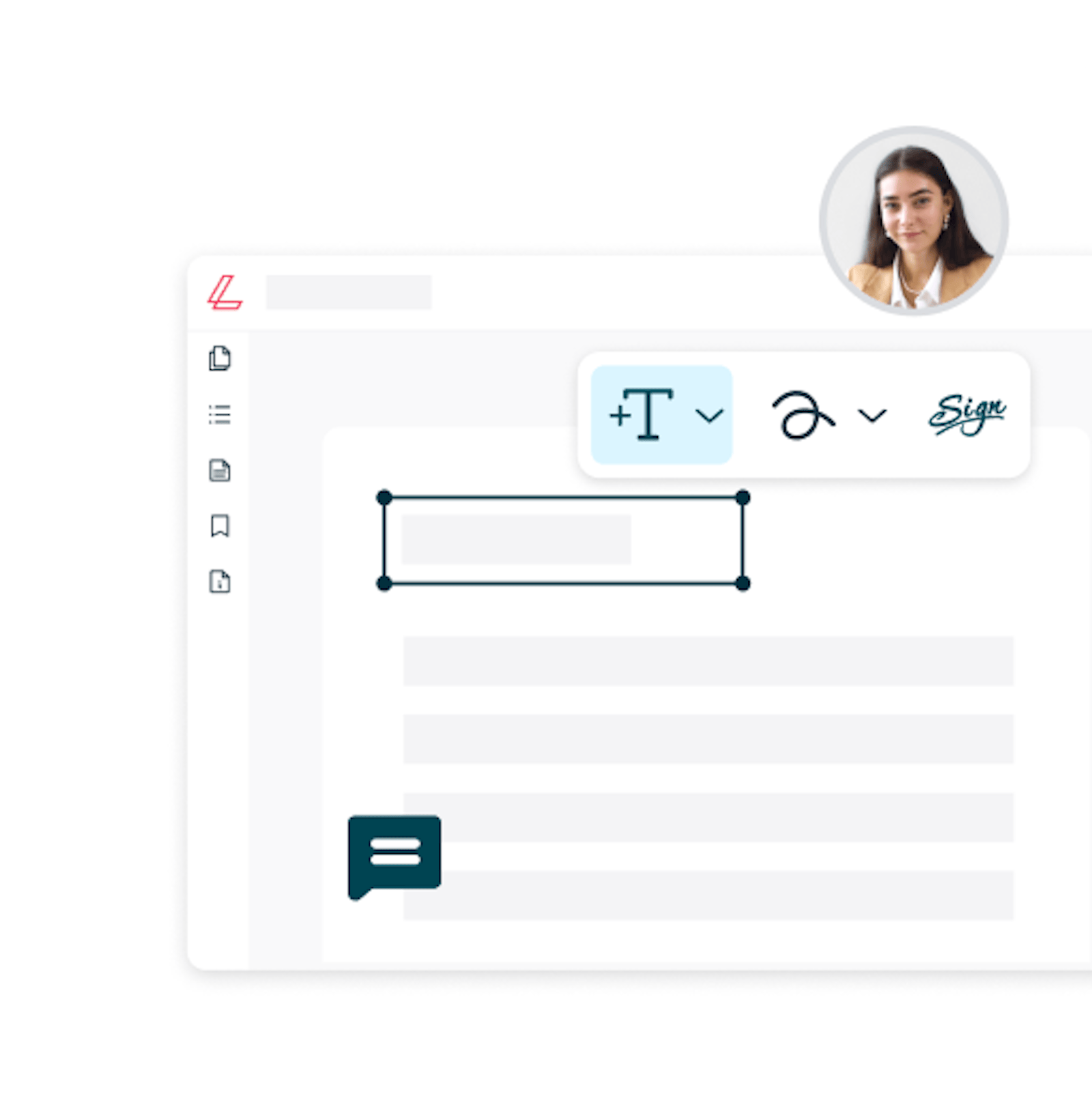 a stylised, blanked-out document is shown in a pared-back lumin editor. a user profile pic (a young woman with brown hair) floats above a small tool bar showing the text tool, draw tool and eSign tool.