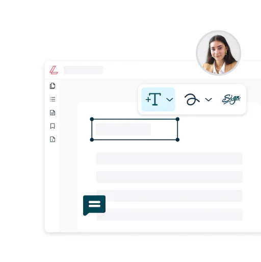 a stylised, blanked-out document is shown in a pared-back lumin editor. a user profile pic (a young woman with brown hair) floats above a small tool bar showing the text tool, draw tool and eSign tool.