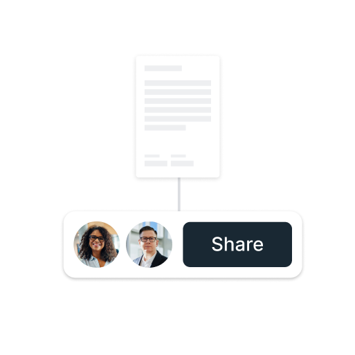 a small, blanked-out document is connected to a large button that says "share". next to it are two user profile pictures - one is a young brown woman with dark curly hair, and the other is a middle aged white man with dark hair. they both wear glasses.