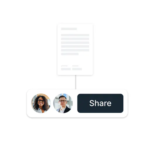 a small, blanked-out document is connected to a large button that says "share". next to it are two user profile pictures - one is a young brown woman with dark curly hair, and the other is a middle aged white man with dark hair. they both wear glasses.