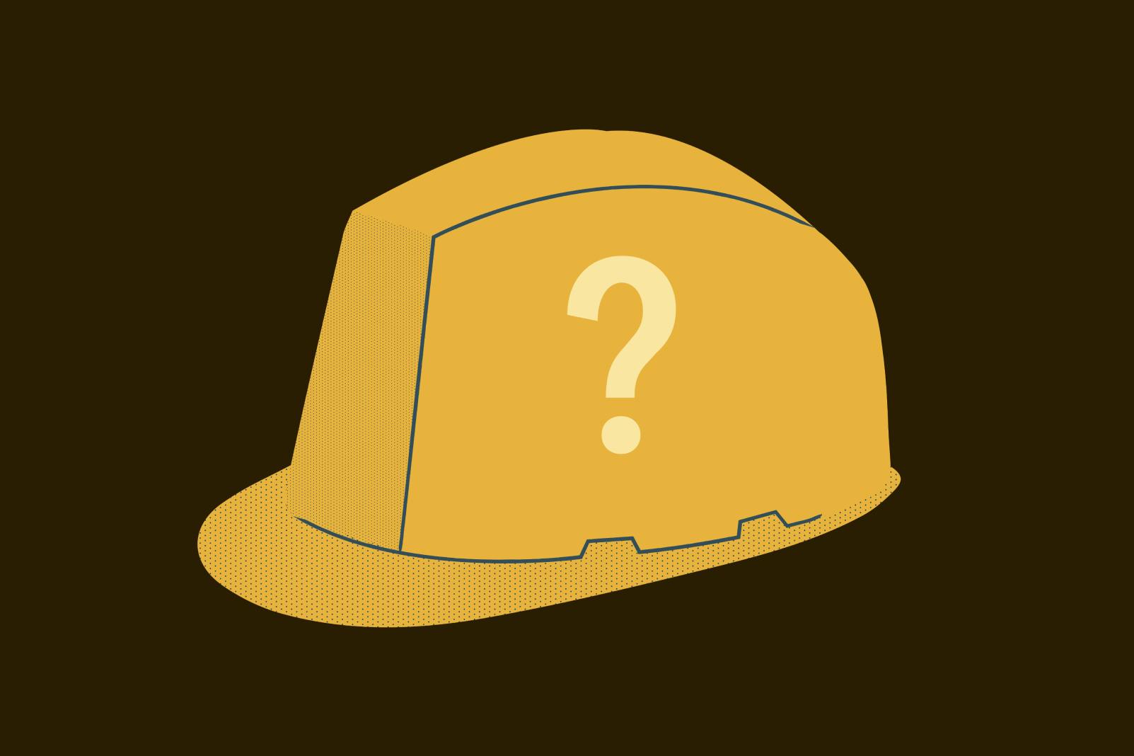 illustration of a yellow construction hat with a question mark on it. the background is black