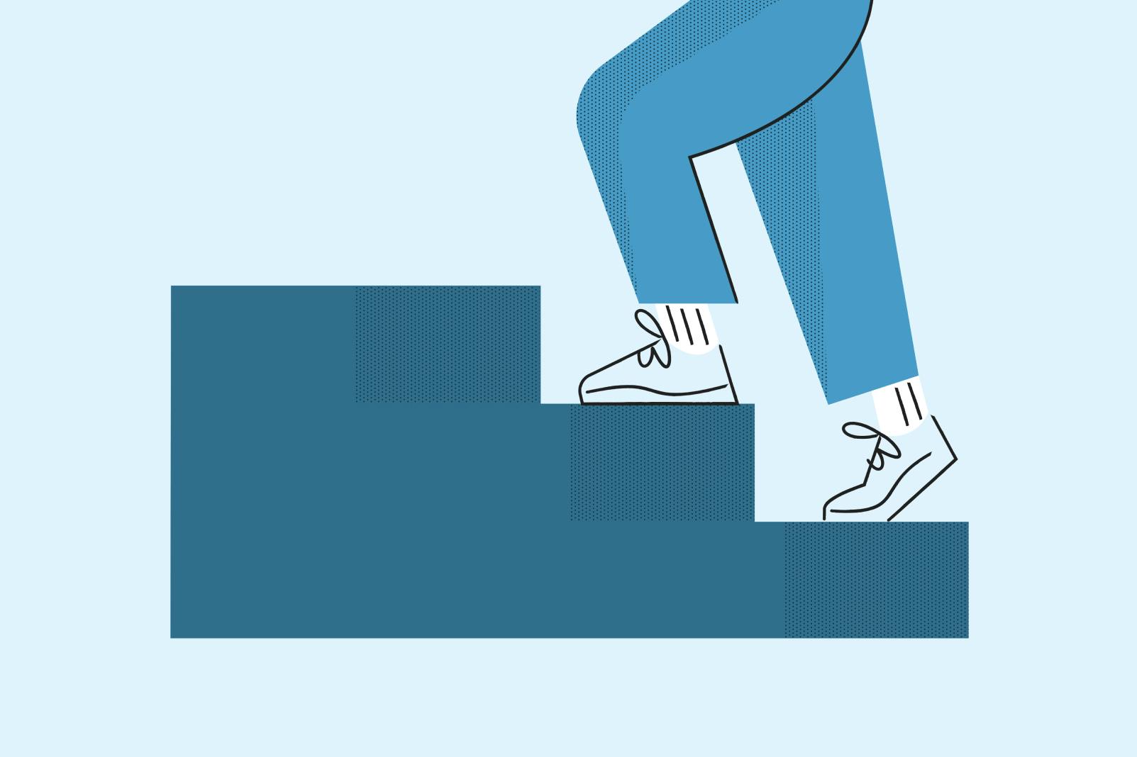 an illustration showing legs (jeans and sneakers) walking up three dark blue stairs.