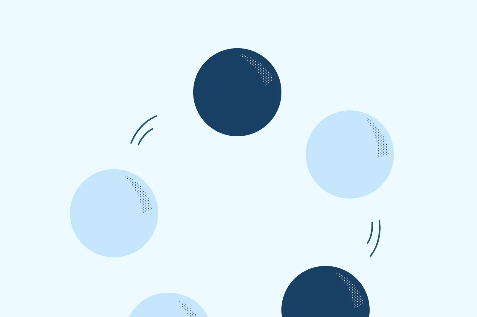 illustration of 5 juggling balls (alternating dark blue and sky-blue) are wobbling in a circle against a pale blue background