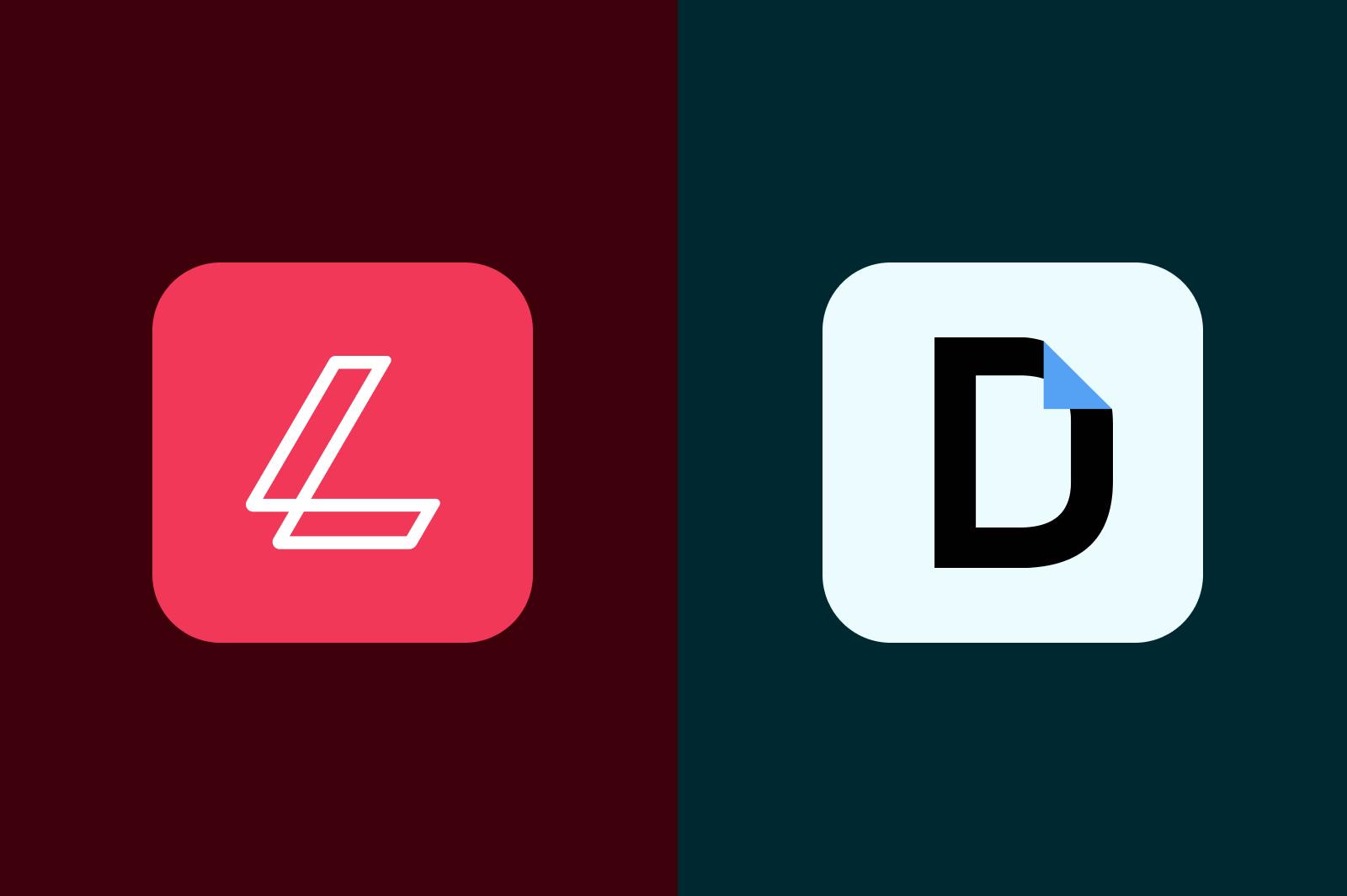 on the left is the lumin logo (a pink and white L) on a deep red background. on the right is the dochub logo (a pale blue background with a black D) on a deep blue background.