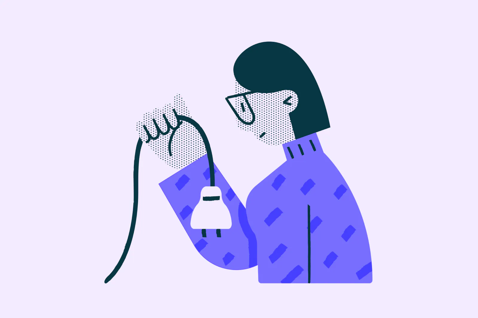 line illustration of a woman - glasses, short black hair, purple jumper - holding a plug