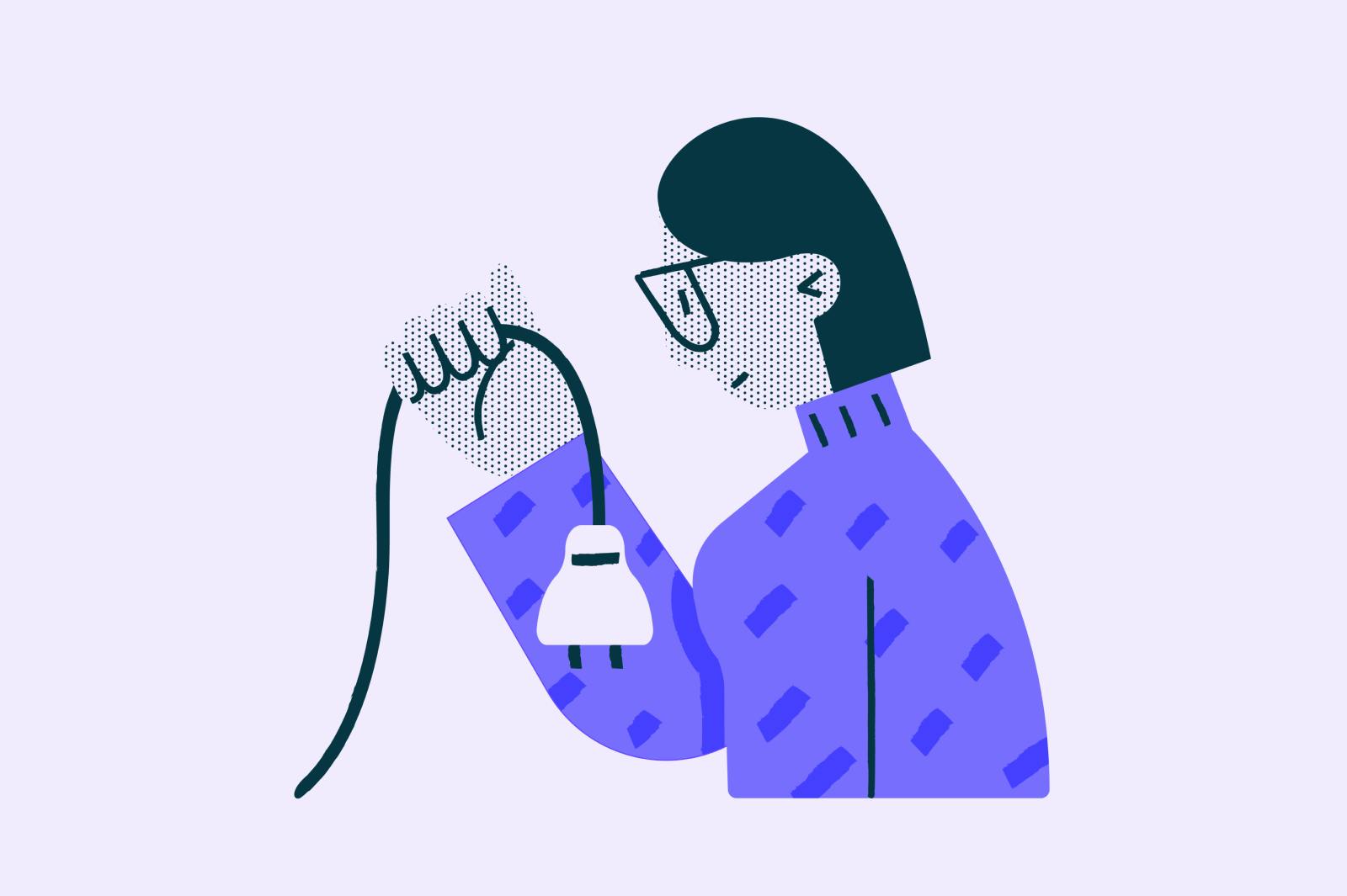 line illustration of a woman - glasses, short black hair, purple jumper - holding a plug