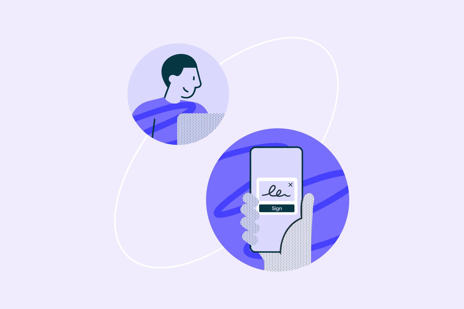 a man on a computer is small and lurks behind a hand hold a mobile phone - on the phone is an eSignature app