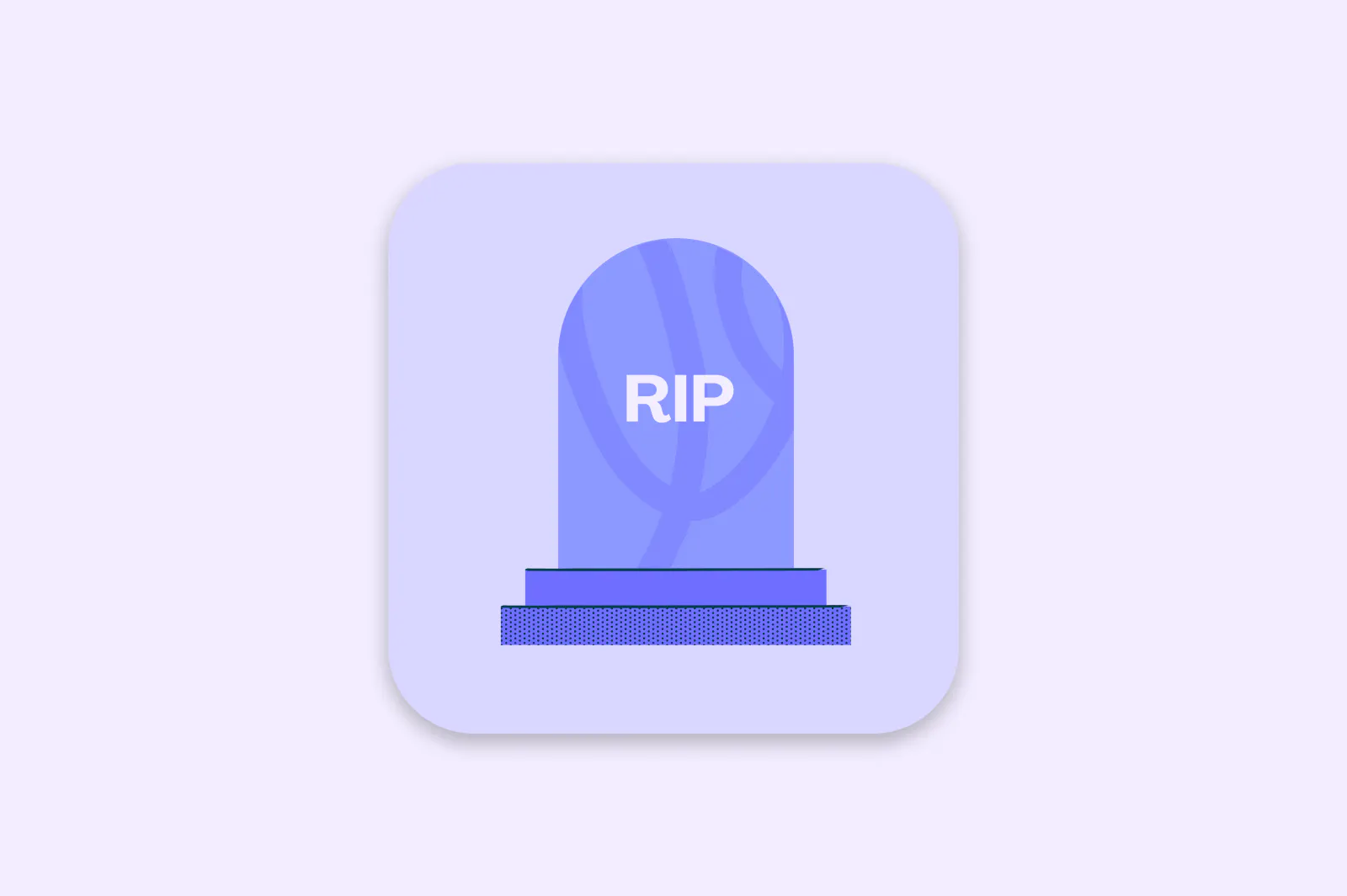 a tombstone reading "RIP" sits on top of a square app icon