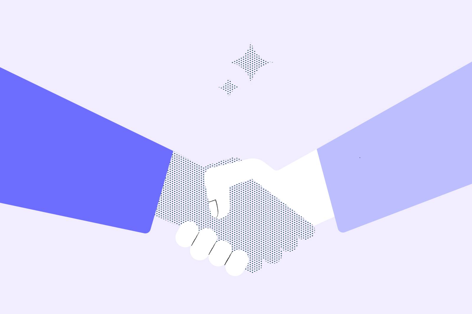 illustration of two hands clasped in a handshake, sealing a deal. Both arms have purple sleeves, and the background is a light purple. A grey sparkle appears above the clasped hands.