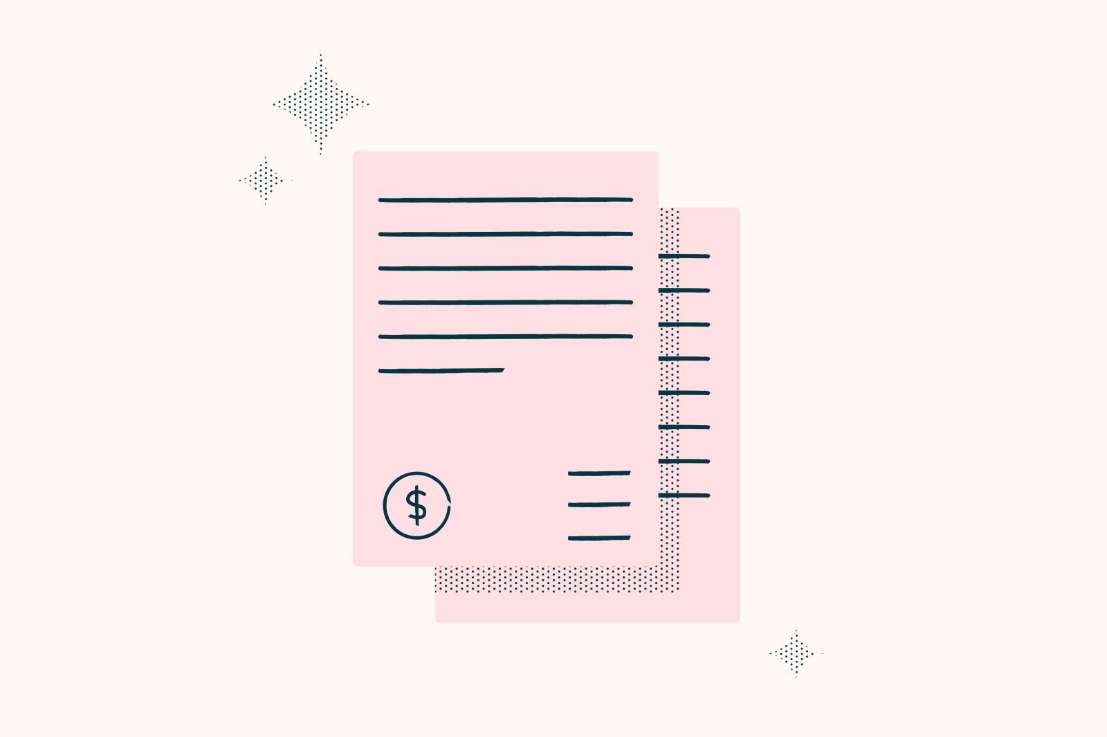 line illustration of two pieces of paper (pink) with lines indicated written words, and a dollar sign symbol down the bottom.