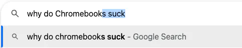 Google search for "Why do Chromebooks" with the suggested search being "why do Chromebooks suck?"