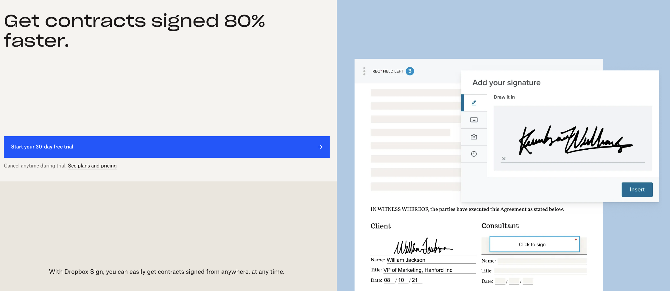 A screenshot of the Dropbox Sign website.  