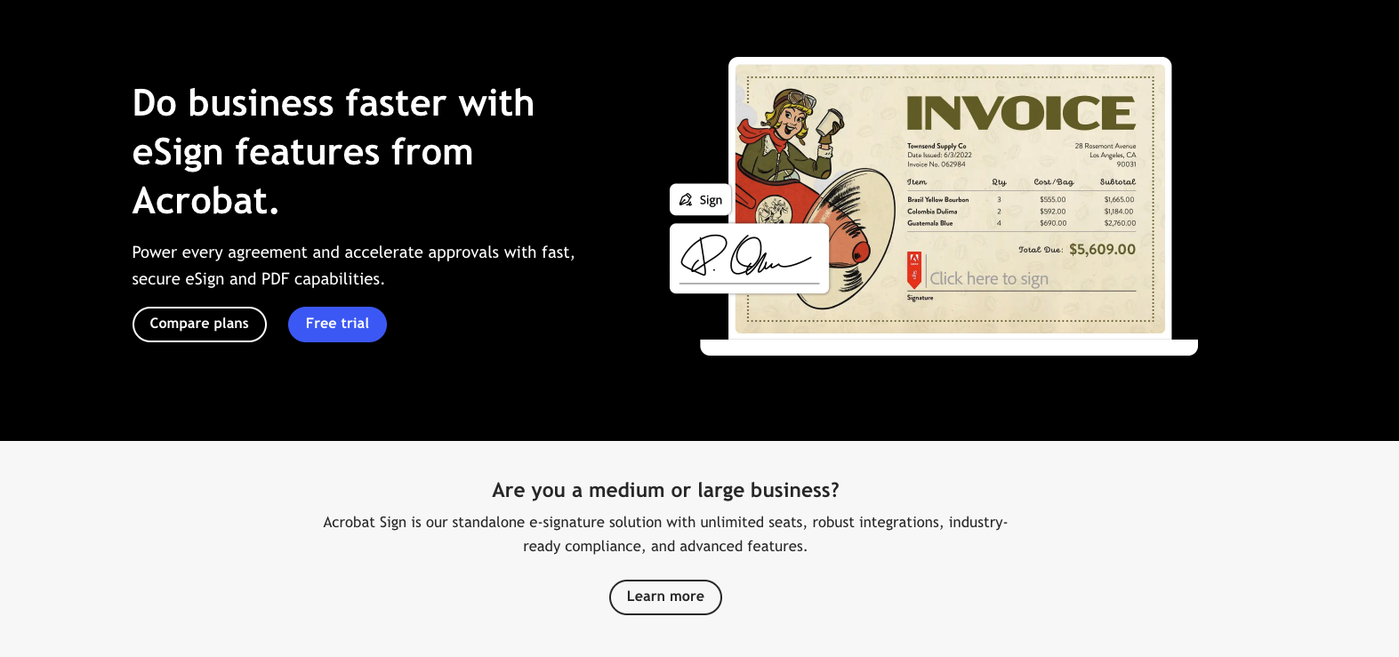 A screenshot of the Acrobat Sign website.  