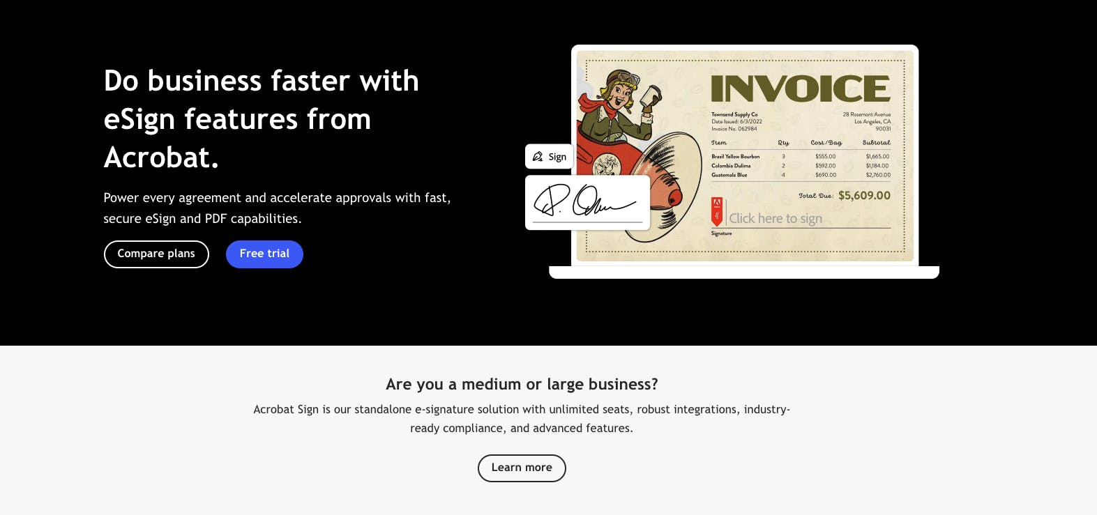 A screenshot of the Acrobat Sign website.
