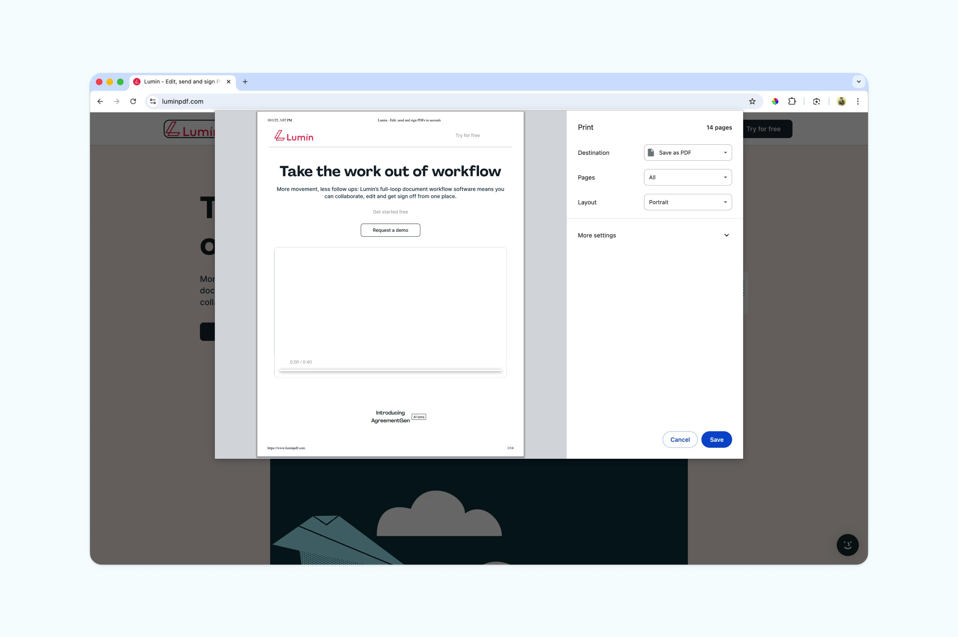 A webpage being saved as a PDF in Chrome