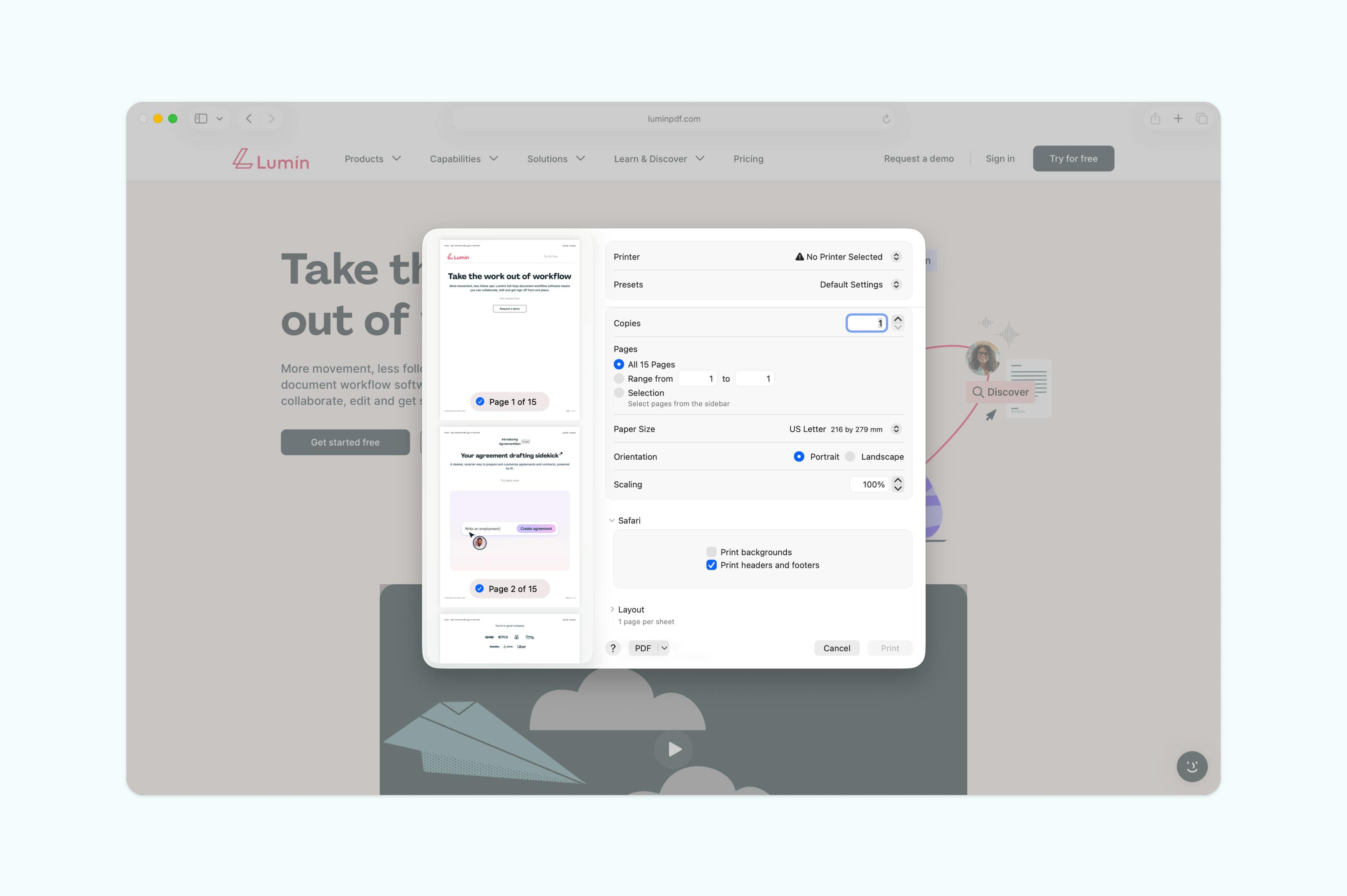 A webpage being saved as a PDF in Safari