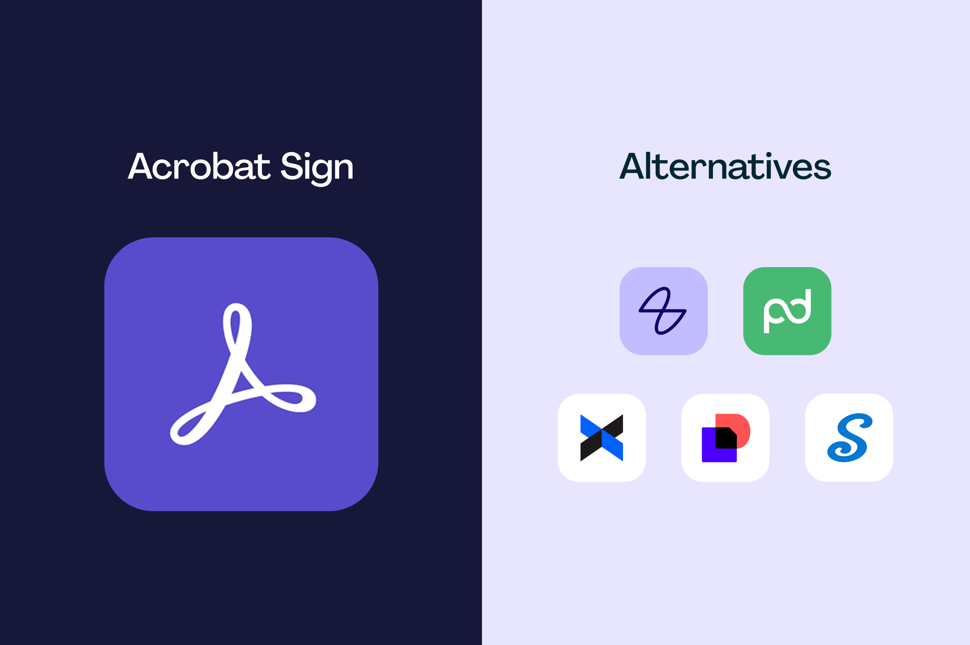 Une image avec le logo Adobe Acrobat Sign d’un côté et plusieurs logos de concurrents de l’autre côté.