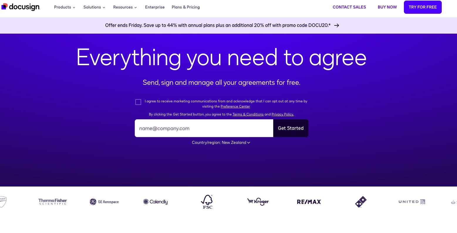 A screenshot of the Docusign website